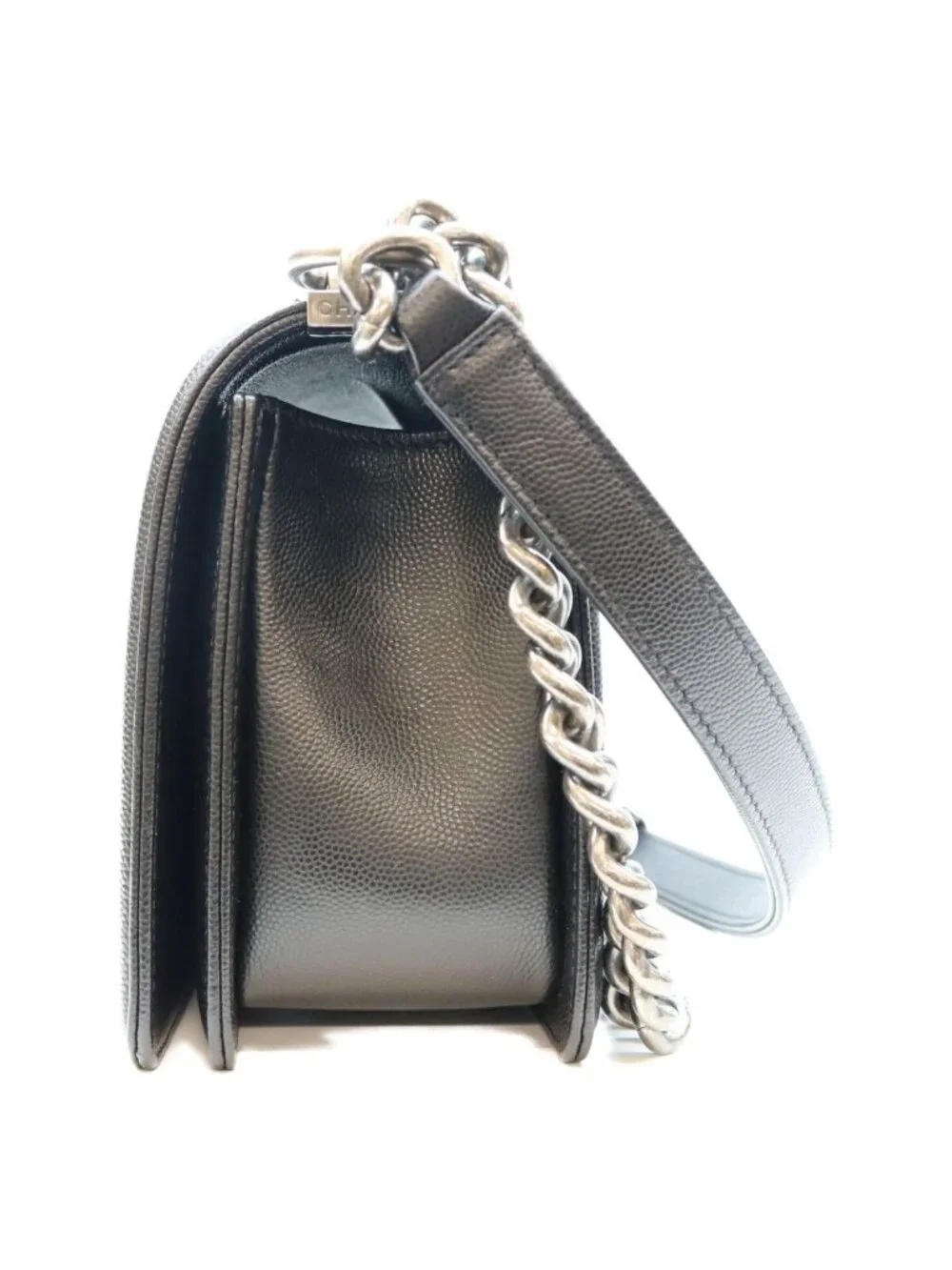 Chanel Black Caviar Silver Boy 25 Medium Chain Shoulder Bag